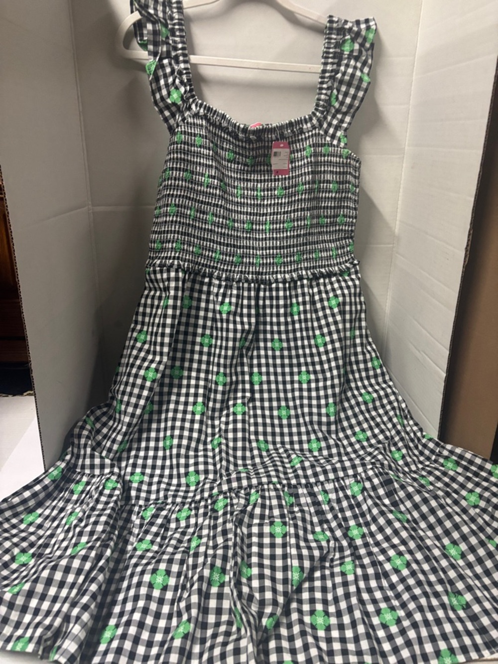 kate spade Black & White Gingham Maxi Dress with Green Floral Accents